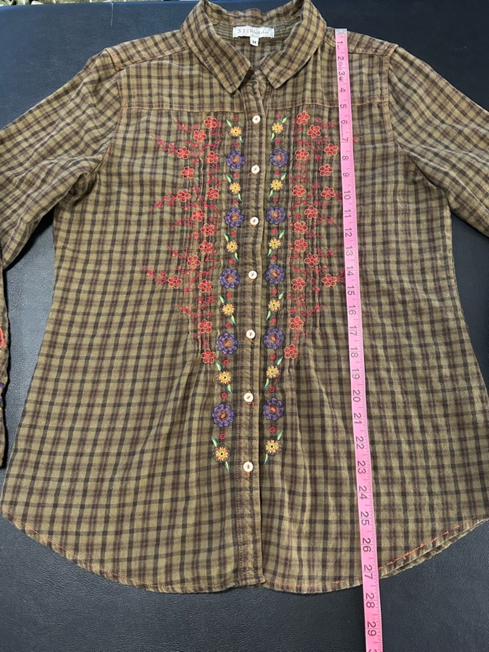 🌼 3J Workshop Embroidered Plaid Flannel Shirt M 🌸 Boho Western Vibes - Picture 7 of 9